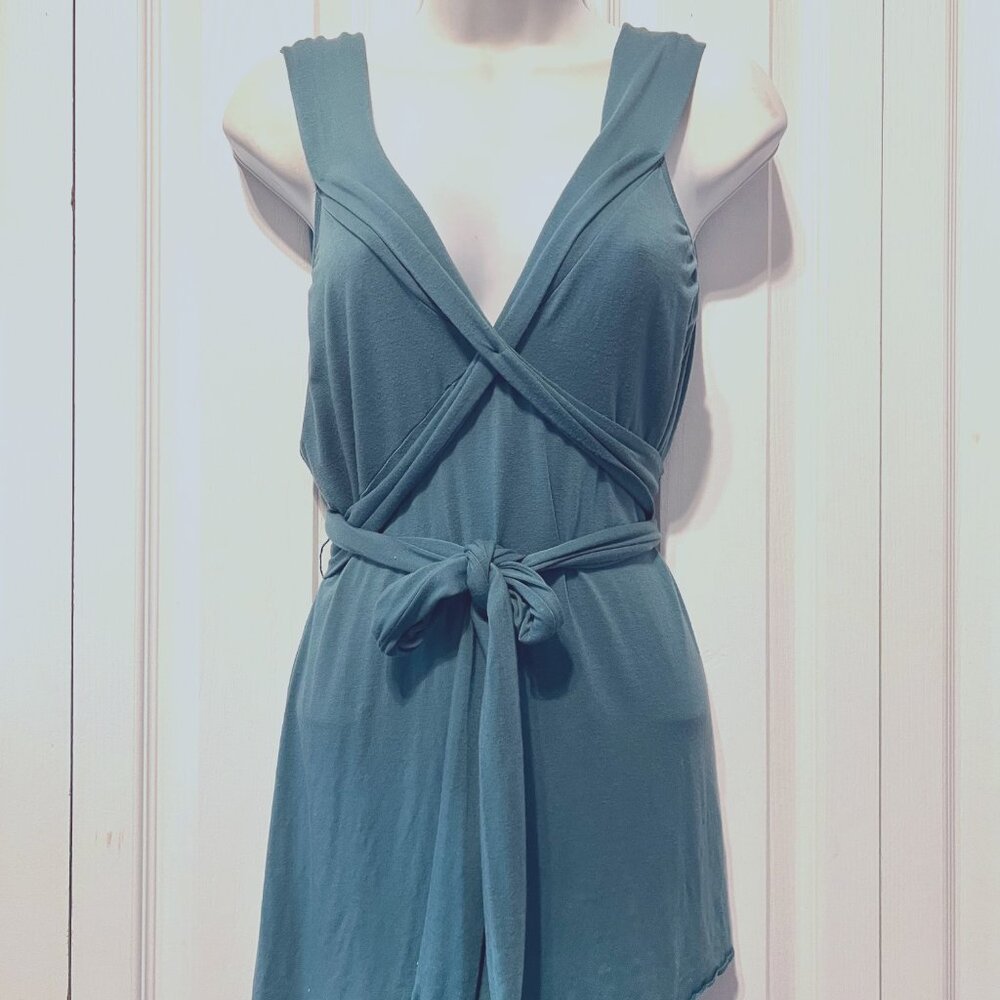 Banana Republic Sleeveless Summer Tie Waist Top-Sz. Med-Teal/Stretch-V Neck- - Picture 2 of 13
